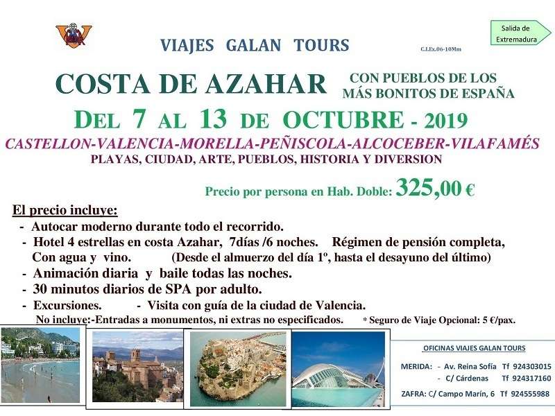 COSTA DE AZAHAR - EN AUTOCAR DESDE EXTREMADURA