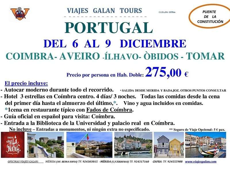 PUENTE DE DICIEMBRE. COIMBRA- AVEIRO - OBIDOS - TOMAR-