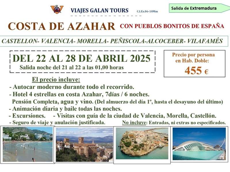 COSTA DE AZAHAR EN AUTOCAR DESDE EXTREMADURA