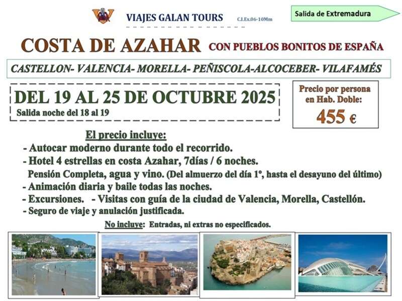 COSTA DE AZAHAR EN AUTOCAR DESDE EXTREMADURA